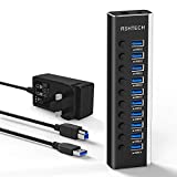 Powered USB 3.0 Hub RSHTECH Aluminum 10 Port USB 3.0 Data Hub with 12V/3A (36W) Power Adapter and Individual On /Off Switches & LED (RSH-A10 )