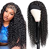 Deep Wave Headband Wig Human Hair 16 Inch Curly Headband Wigs for Black Women Human Hair Glueless None Lace Front Wig Brazilian Virgin Hair Wear and Go Wigs 150% Density Natural Black Color