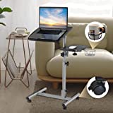 MaikAnton Laptop Table 23 Inch Adjustable Height Tray Table, Rolling Cart Mobile Overbed Desk, Sofa Bed Side Table Couch Computer Desk Stand with Cup Holder 360° Swivels Wheels (Black Wood Grain)