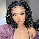 Youngirl Deep Wave Headband Wig Human Hair 12 Inch Curly Headband Wigs for Black Women Human Hair Glueless None Lace Front Wigs Brazilian Virgin Hair Wig Machine Made 150% Density Natural Black Color