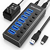 Powered USB Hub [Durable Aluminum] 7-Port USB Hub 3.0 Powered, Individual Switch Buttons Smart Charging USB Port Expander Fit for External Hard Drive Gaming Laptop Desktop PC